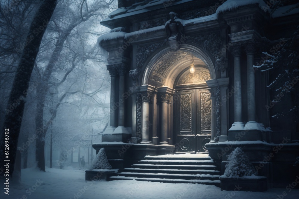 snowy steps in front of an ornate entrance to a church created with Generative AI technology