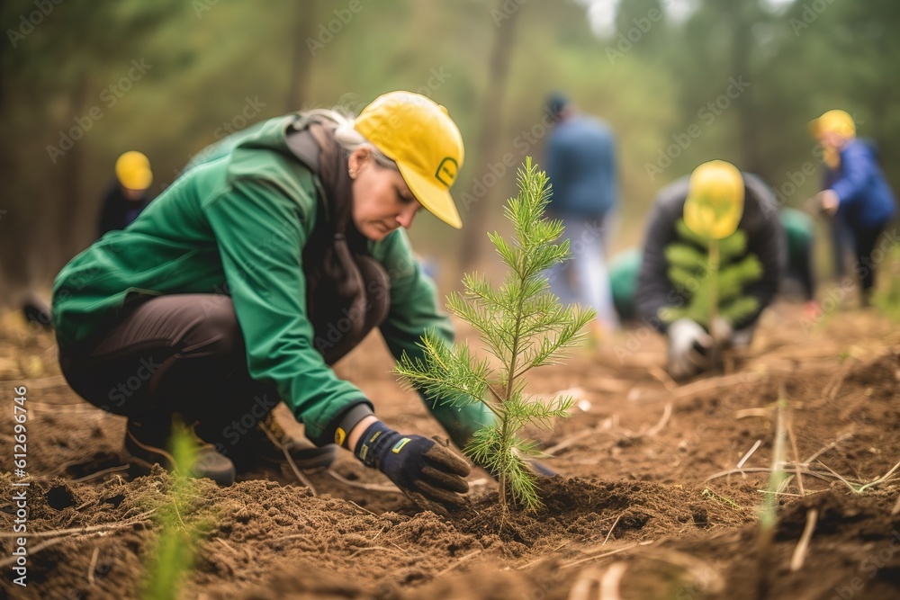 Obraz premium Group of volunteers planting pines in the forest. Generative AI, Generative AI