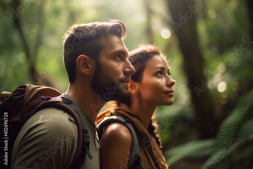 Couple of backpackers exploring the woods. Generative AI, Generative AI photo