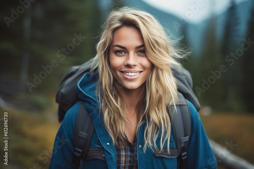 Caucasian blond woman casual portrait hiking in forest. Generative AI, Generative AI © Cavan