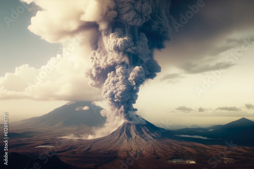Giant Ash Cloud Erupting Volcano For Graphic And Background Created With The Help Of Artificial Intelligence