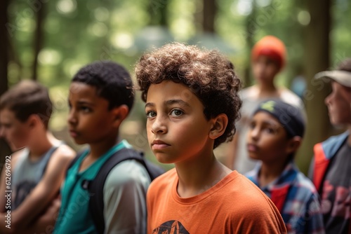Little African American boy in forest on summer camp. Generative AI, Generative AI