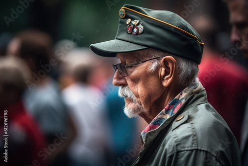 Head shot side view of sad military veteran in funeral. Generative AI, Generative AI