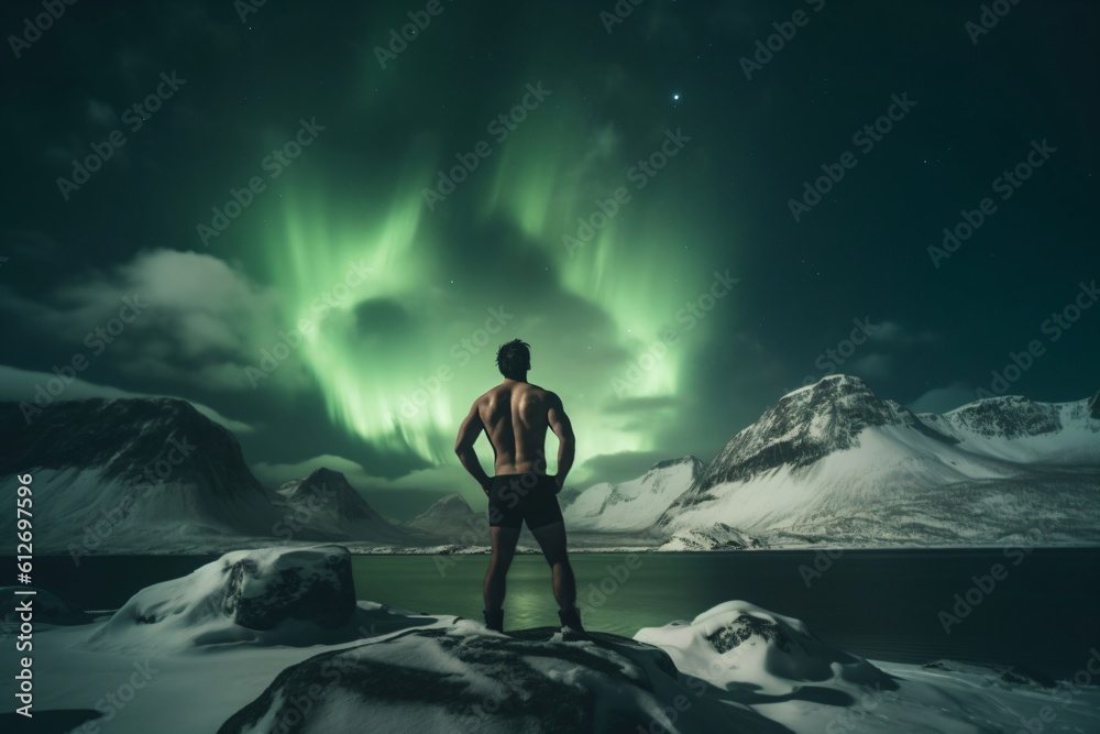 muscular man in boxer shorts standing by a lake in the arctic created with Generative AI technology