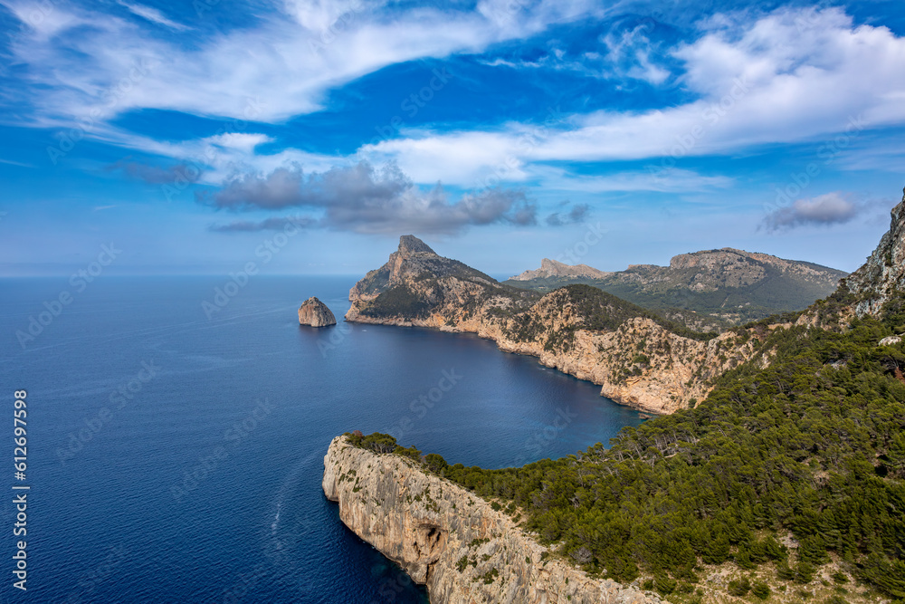 View from Mirador de Es Colomer, Peninsula de Formentor, Balearic Islands Mallorca Spain. Travel agency vacation concept.
