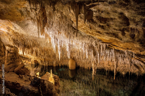 Dragon cave, Coves del Drach, (Cuevas del Drach). Stalactite mysterious underground caverns. Porto Cristo Balearic Islands Mallorca Spain. Vacation concept. photo