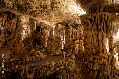 Dragon cave, Coves del Drach, (Cuevas del Drach). Stalactite mysterious underground caverns. Porto Cristo Balearic Islands Mallorca Spain. Vacation concept. photo