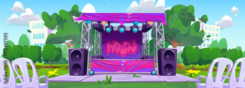 Festival music concert stage outdoor public party vector illustration. Open air street performance with band on summer wedding celebration. Live musician rock entertainment activity cartoon background