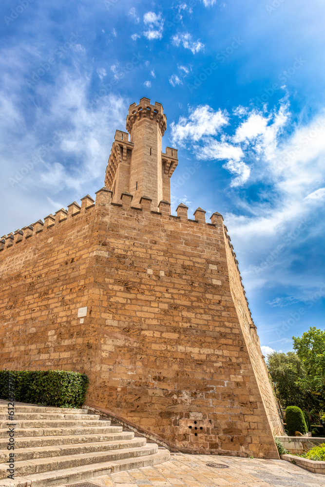 Fortress walls of Palma de Mallorca behind Gothic medieval cathedral La Seu. Balearic Islands Mallorca Spain. Travel agency vacation concept.