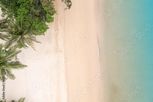 Aerial view with white sand beach of turquoise sea water shot, Top view of beautiful white sand background