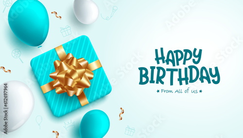Happy birthday text vector design. Birthday party elements like gift and balloons in pastel color background. Vector illustration greeting card design.