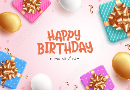 Happy birthday text vector design. Birthday greeting with birthday elements like gift and balloon for card and invitation. Vector illustration for birthday message.