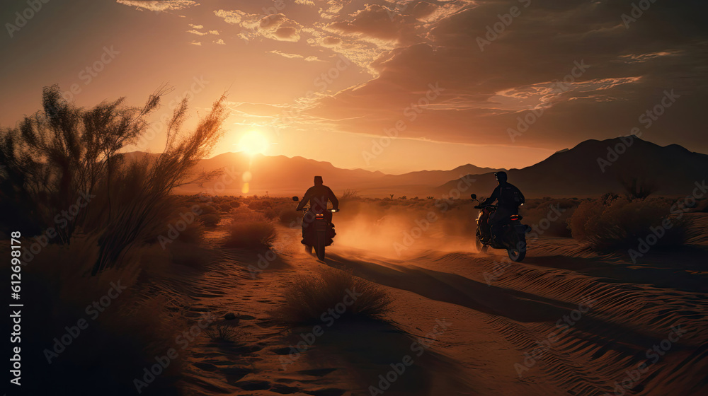 The photo captures a powerful motorcycle standing boldly against the backdrop of a desert landscape during a breathtaking sunset. The golden rays of the setting sun illuminate the arid terrain, creati