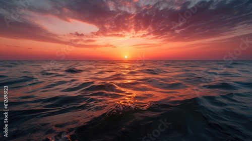 The photo captures a breathtaking sunset over the sea, painting the sky in a mesmerizing palette of warm hues. The golden sun descends towards the horizon, casting a radiant glow across the tranquil w