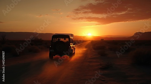 The photo showcases a lone car in the vast desert, bathed in the warm glow of the setting sun. The rugged terrain stretches endlessly, highlighting the isolation and adventure of the scene. The striki