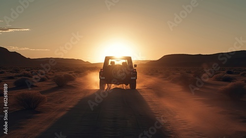 The photo showcases a lone car in the vast desert, bathed in the warm glow of the setting sun. The rugged terrain stretches endlessly, highlighting the isolation and adventure of the scene. The striki