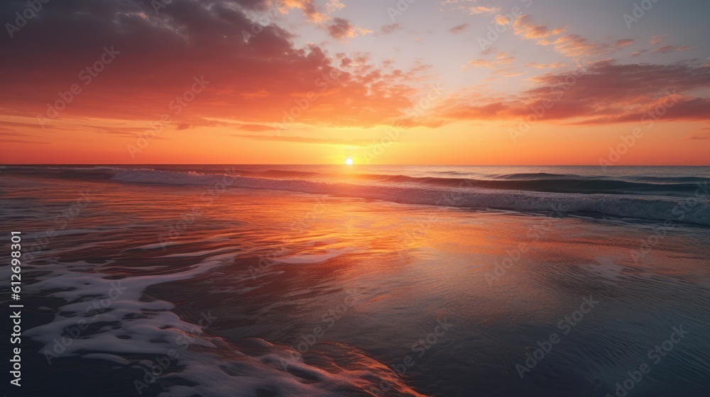 Obraz premium The photo captures a breathtaking sunset over the sea, painting the sky in a mesmerizing palette of warm hues. The golden sun descends towards the horizon, casting a radiant glow across the tranquil w