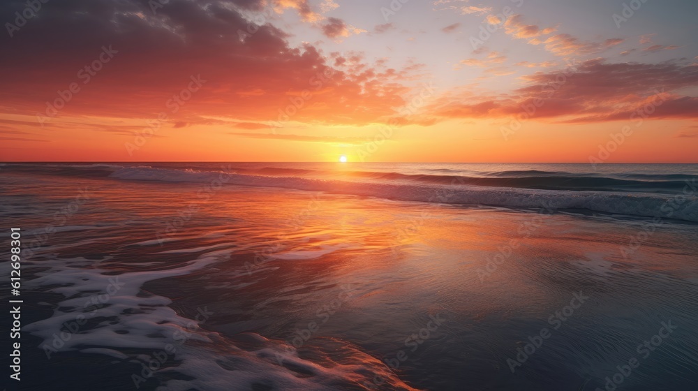 The photo captures a breathtaking sunset over the sea, painting the sky in a mesmerizing palette of warm hues. The golden sun descends towards the horizon, casting a radiant glow across the tranquil w