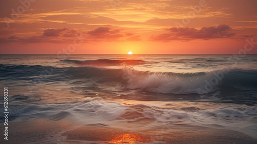 The photo captures a breathtaking sunset over the sea, painting the sky in a mesmerizing palette of warm hues. The golden sun descends towards the horizon, casting a radiant glow across the tranquil w