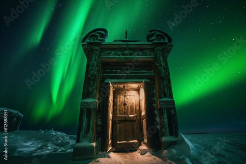 mysterious wooden door in the middle of snow  green lights in the sky created with Generative AI technology