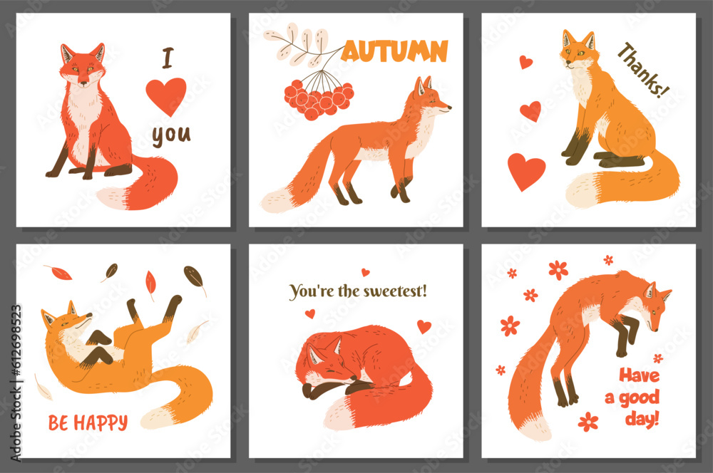 Set of postcards with funny foxes flat style, vector illustration Set of postcards with funny foxes flat style, vector illustration