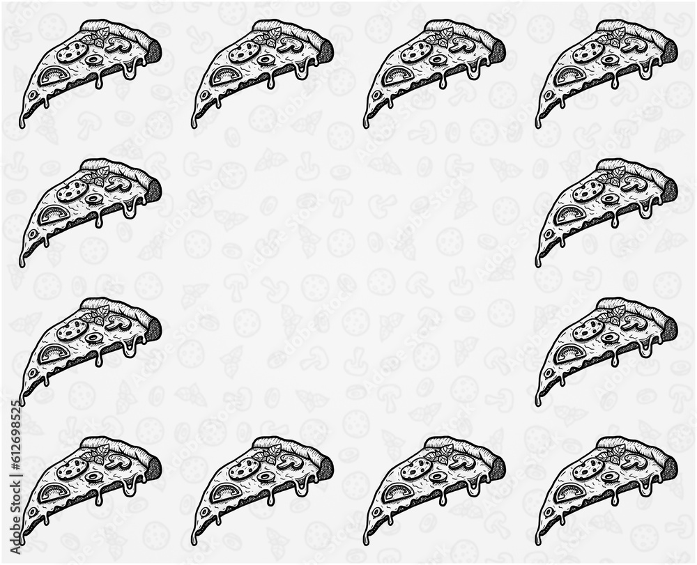Italian pizza illustration black and white line art hand drawned square frame banner template