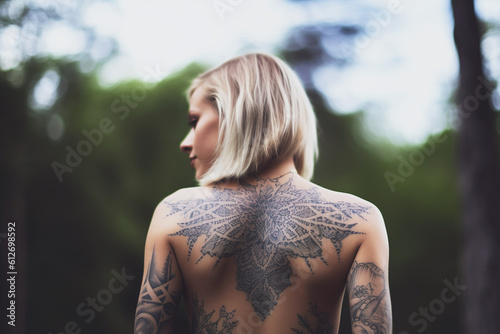 Illustration of woman back with tattoo art
