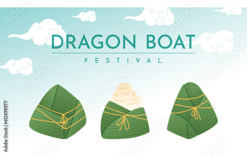 Vector horizontal banner, dragon boat festival. Traditional Chinese holiday oriental food zongzi