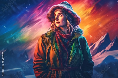 blonde woman in thick winter clothes in front of a colorful sky created with Generative AI technology