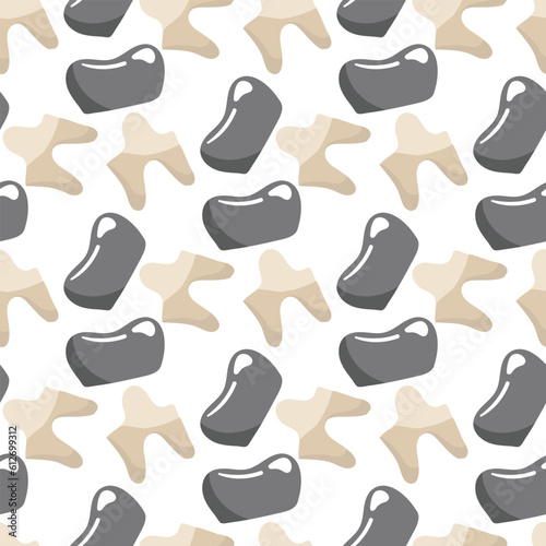 A pattern of simple teeth with crowns. Dental treatment. Topic teeth with medical crowns. Cartoon vector illustration. White background for printing on fabric and wrapping paper. Seamless pattern