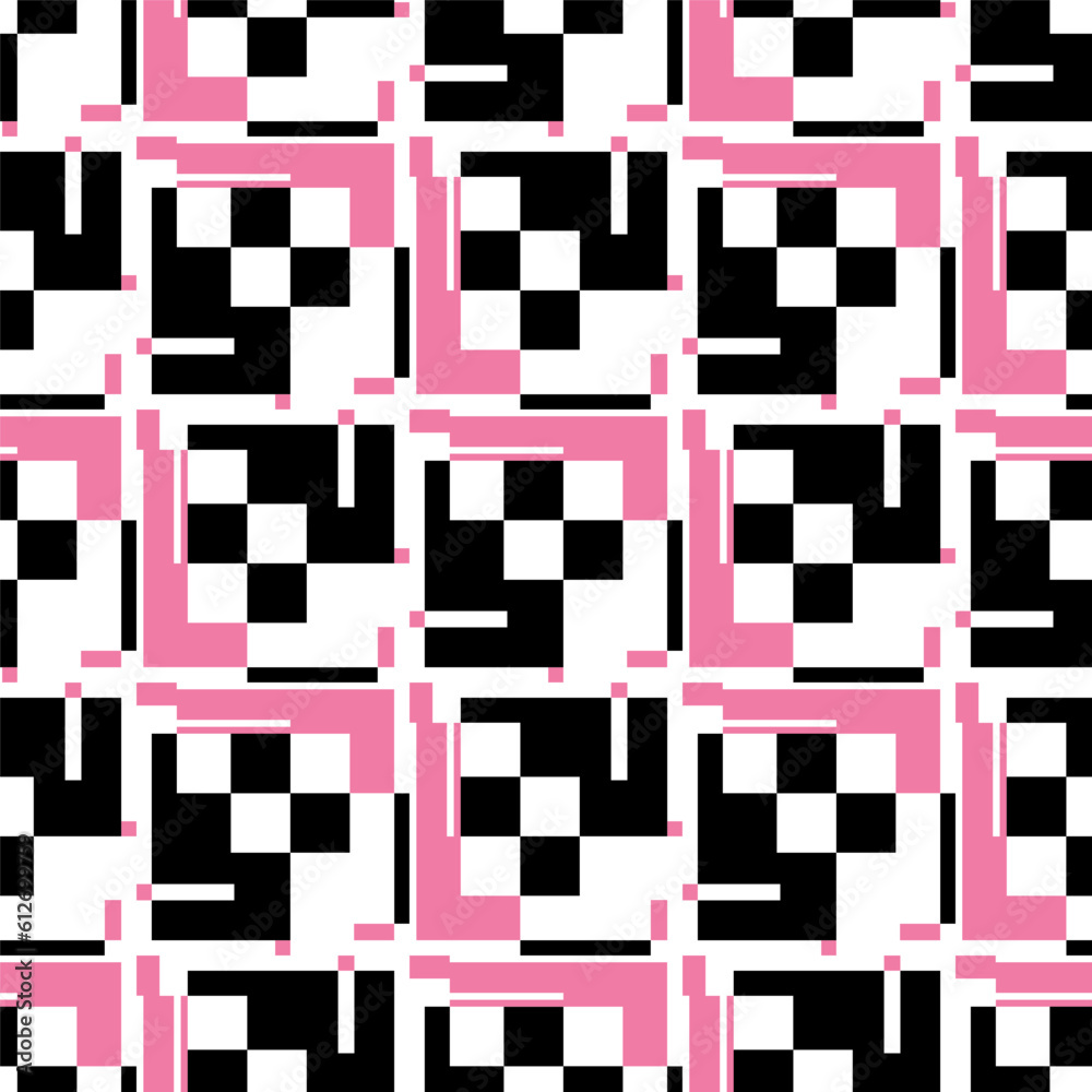 Fototapeta premium Pink rectangles and black geometric elements. Composition of squares, lines and rectangles. Abstract seamless pattern. Avant-Garde graphic style design. Vector illustration on white background.