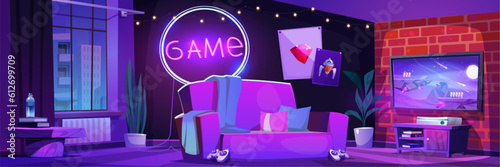 Gamer tournament night cartoon illustration vector. Streamer room interior for video game with console, tv and joystick. Dark online lounge ad design for virtual party in house cyber studio.