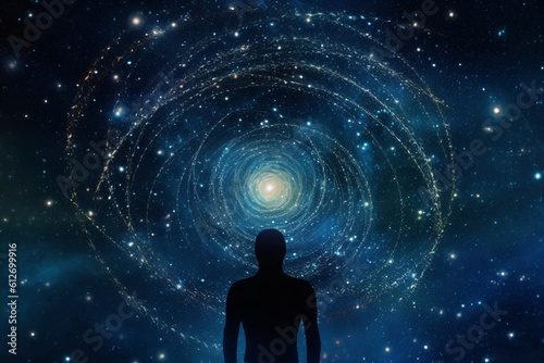 outline of a man in front of a mysterious circular star constellation created with Generative AI technology