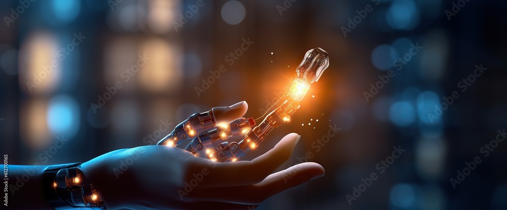 Human touch on robot hand and big data network, artificial intelligence ...