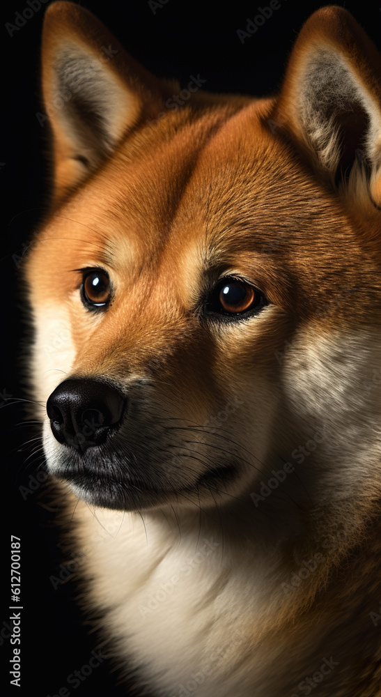 A close up of a dog's face on a black background. Generative AI. Shiba inu dog portrait.