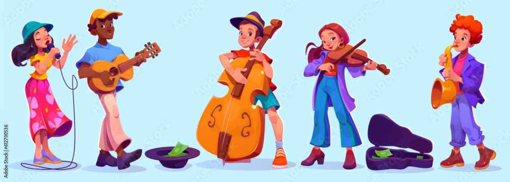 Street musician band with singer vector illustration. Music player people character with guitar, saxophone, violin and microphone cartoon isolated set. Guitarist artist play for party and hobby