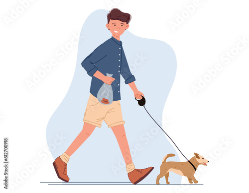 Young flat man walking his dog on a leash. Clean up after your pets concept. Vector Guy holding a bag of excrement.