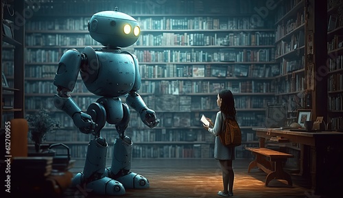 Children talking with robot ai, chat bot. Future technology or machine learning data development concept ai generation