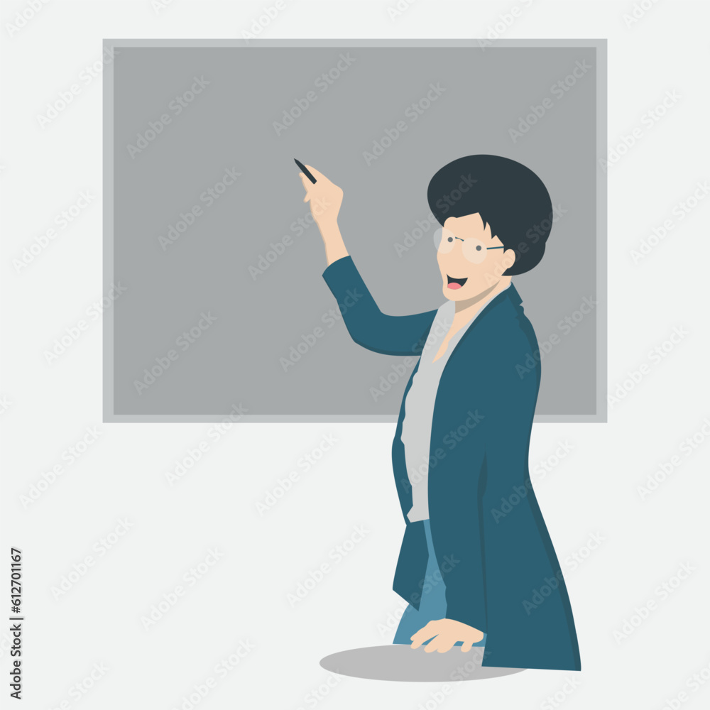 This vector illustration portrays a dedicated teacher in action, pointing to a blackboard with enthusiasm and knowledge This vector illustration portrays a dedicated teacher in action, pointing to a blackboard with enthusiasm and knowledge