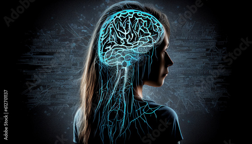 Konzentration Kopf Gehirn leuchtend digital über Kopf transparent 3d Gedächtnis Synapsen, Generative AI 