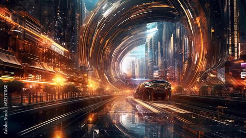 Digital graphics Futuristic 3D Concept, Abstract Technology background, electric car in the future, Big Data Center, Information Digitalization Lines, Generative AI.