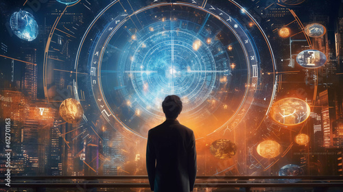 Fototapeta Naklejka Na Ścianę i Meble -  Digital graphics Futuristic 3D Concept, Big Data Center Chief Technology Officer Using Laptop Standing In Warehouse, Information Digitalization Lines, technology and data, Generative AI.