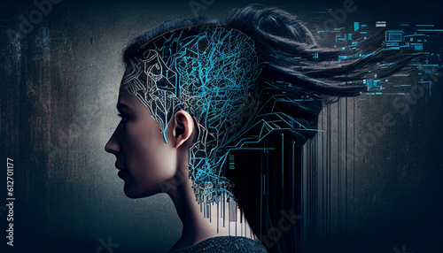Darstellung von Synapsen im Gehirn einer Frau 3d digitaler Kopf gerendert, Generative AI  photo