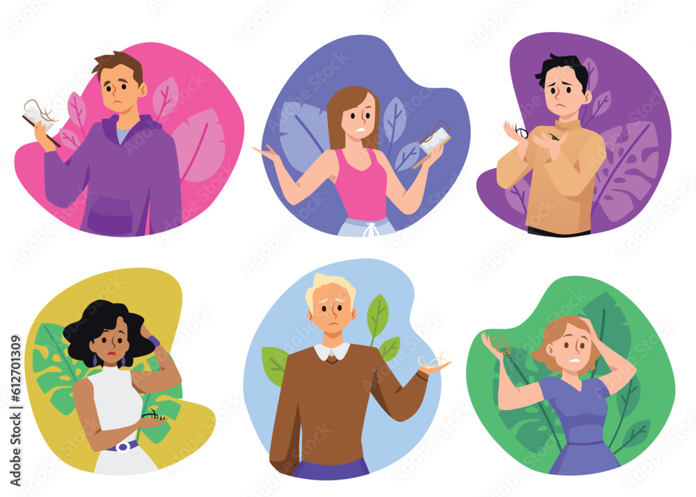 Set of diverse people suffering from hair loss - flat vector illustration isolated on white background. Set of diverse people suffering from hair loss - flat vector illustration isolated on white background.