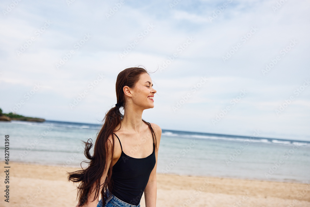 woman positive beach travel sea summer smile sunset lifestyle running young woman positive beach travel sea summer smile sunset lifestyle running young