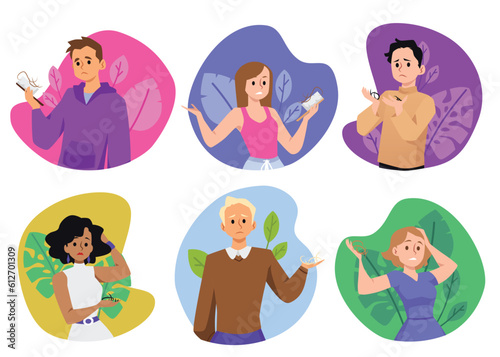 Set of diverse people suffering from hair loss - flat vector illustration isolated on white background.