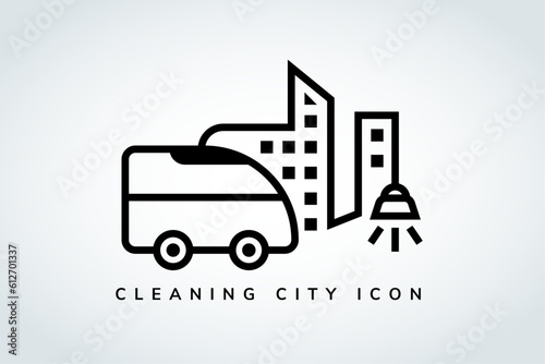 cleaning city icon logo design template. ouline style with black color. the concept is to combine cleaning machines or vacuum cleaners with buildings in urban areas.