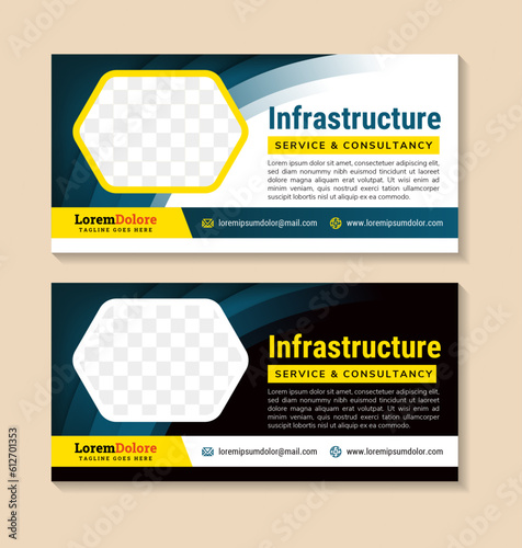 infrastructure services and consultancy headline of cover banner template, brochure design, flyer, leaflets decoration for printing and presentation. vector illustration horizontal layout with photo.