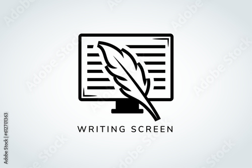 writing screen icon logo design template. black and white color. The concept is to combine a computer screen containing writing with a feather as a pen symbol.