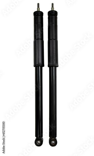 Black old rear shock absorber for car isolated on white background.